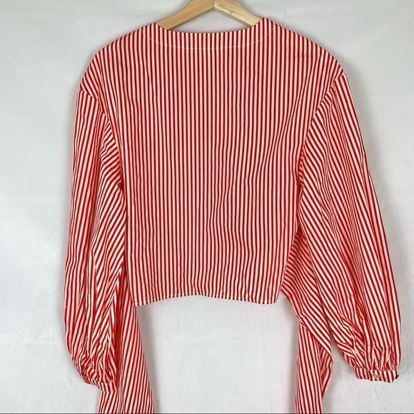 H&M red & white stripe cropped tie‎ waist blouse Sz 2 - Picture 4 of 7